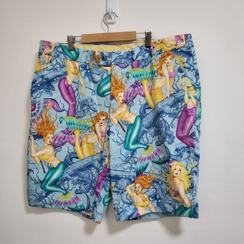 LOUDMOUTH Shorts Mens 38 Mermaid Sea Life Cotton Bermuda Golf Golfing Resort